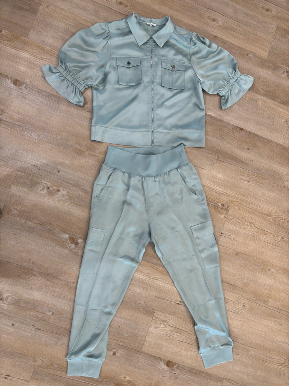 Silk-Blend Light Sage Utility Jogger Set - Top & Pants